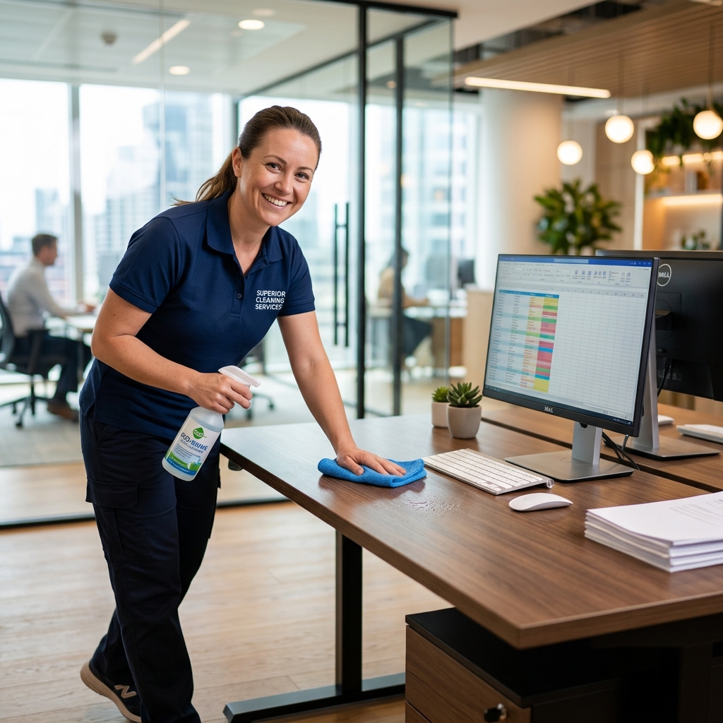 Professional cleaner wiping desk