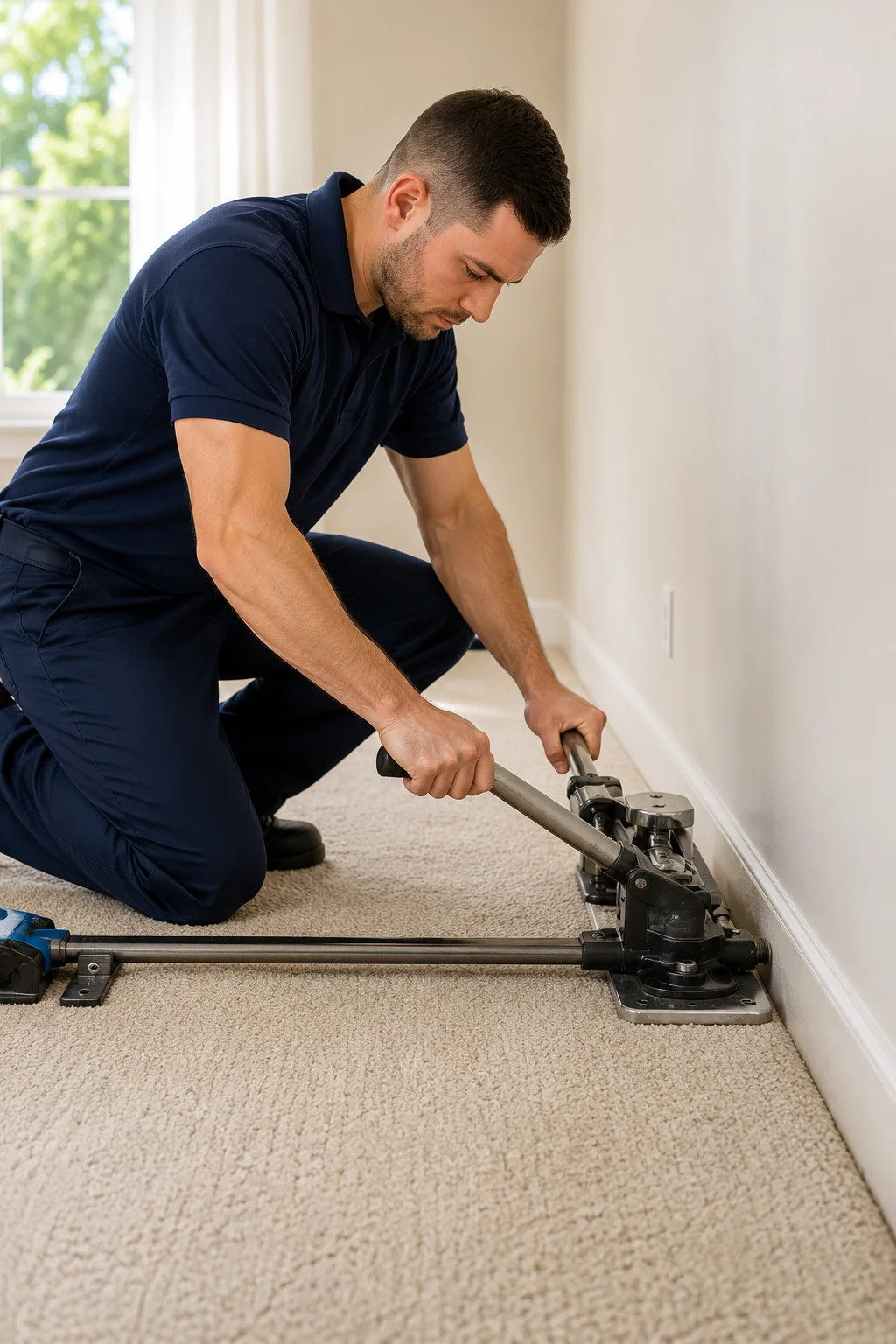 Professional carpet stretching technician with power stretcher Medford Oregon