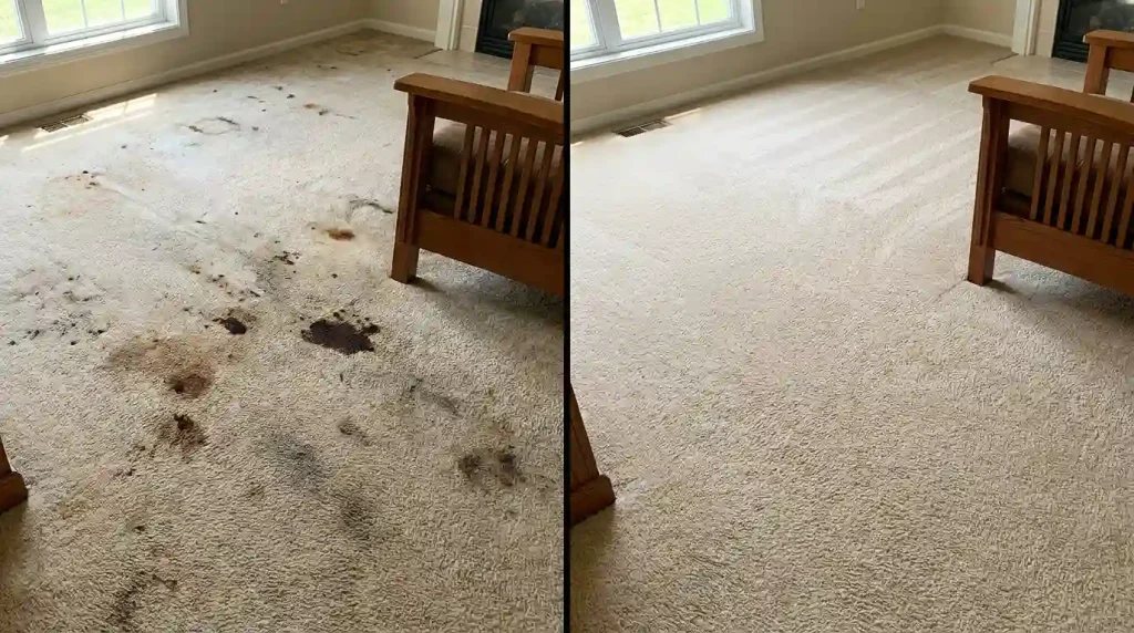 Before and after carpet cleaning results in a Medford, Oregon home