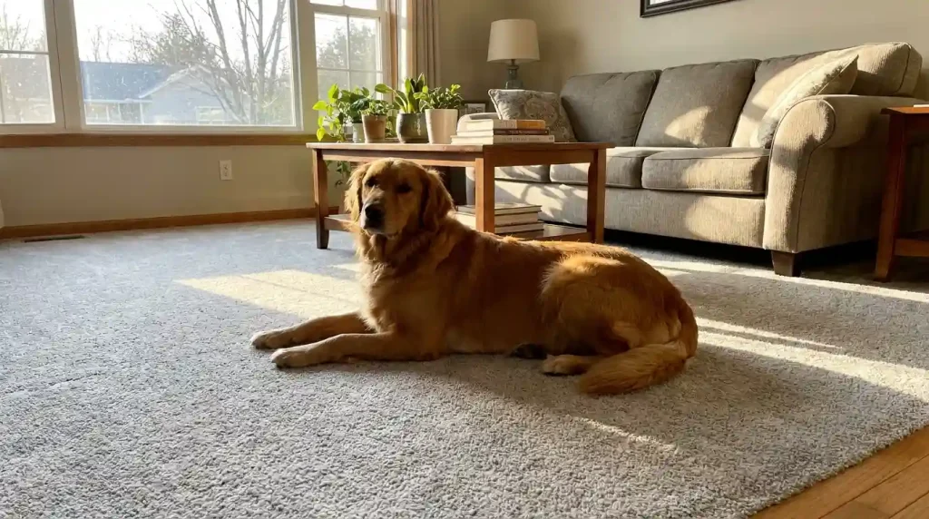 Dog relaxing on freshly cleaned carpet after pet odor removal in Medford, Oregon