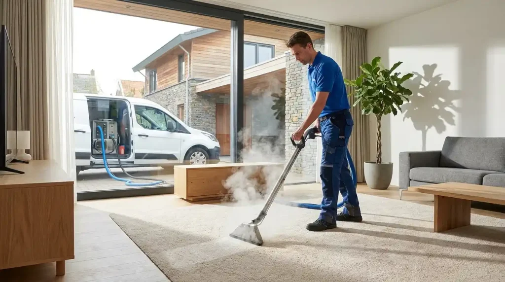 Professional carpet cleaning technician using hot water extraction in Medford home