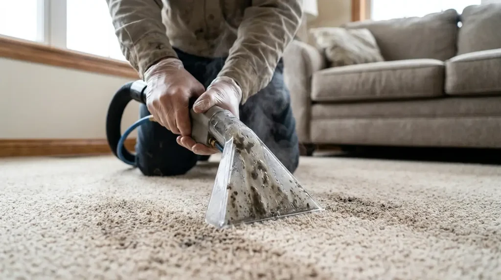 Steam cleaning wand removing dirt from carpet fibers during carpet cleaning Medford service